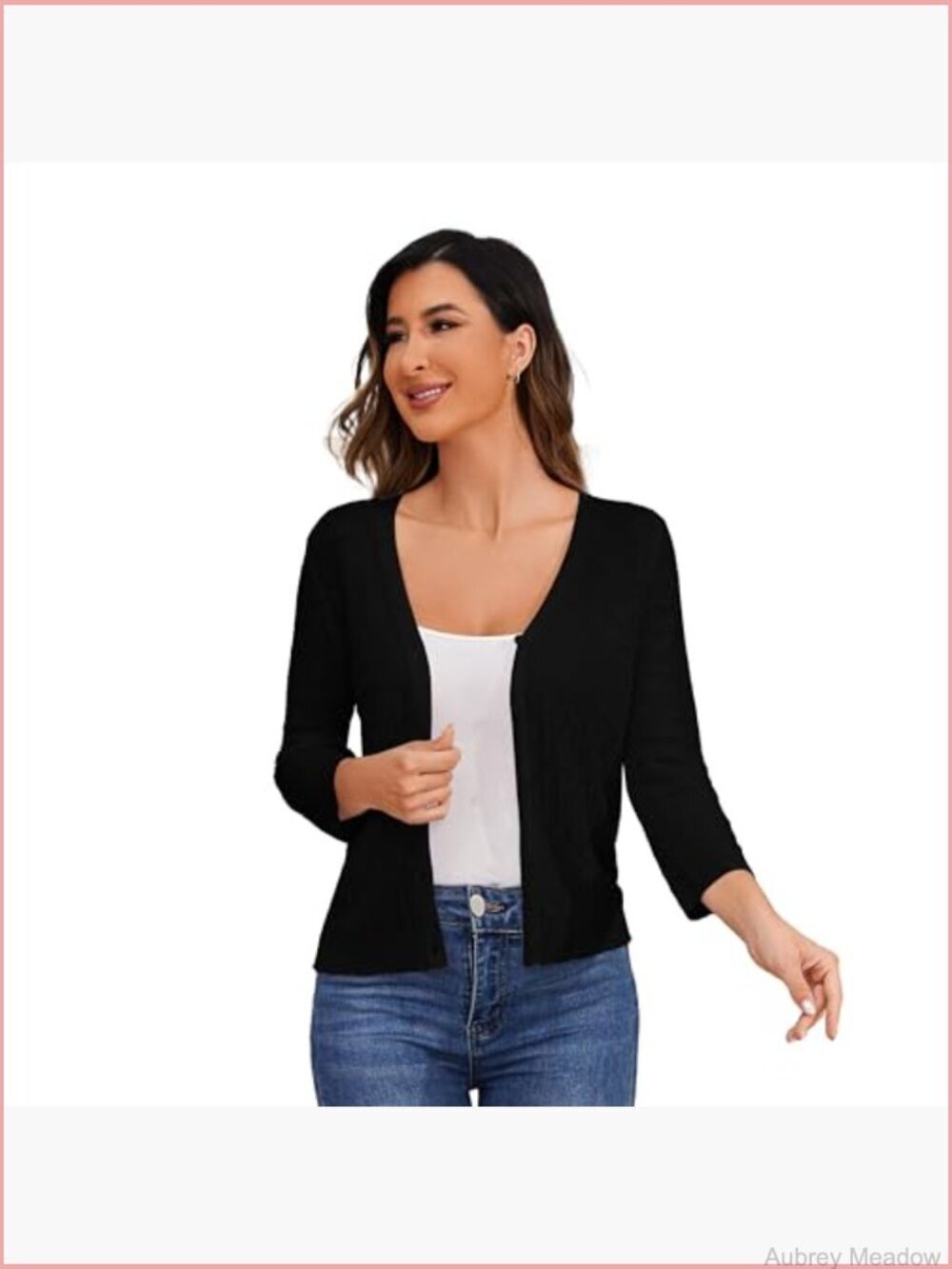 Lightweight Crochet Cardigan 3/4 Sleeve Cropped V Neck Button Shrug Knit Sweater - Picture 3 of 6
